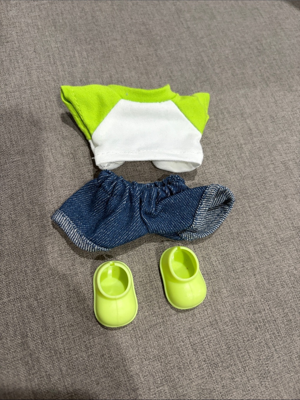 Labubu or Small Doll Neon Green & White Tee with Denim Shorts and Neon Slip-Ons